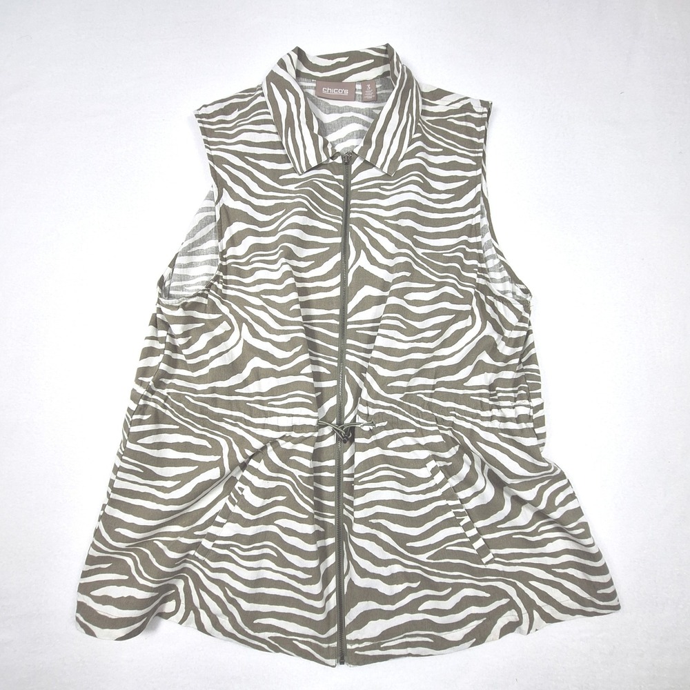 Chicos Utility Vest Womens XL Olive Green Zebra Print Linen Blend Zip Up